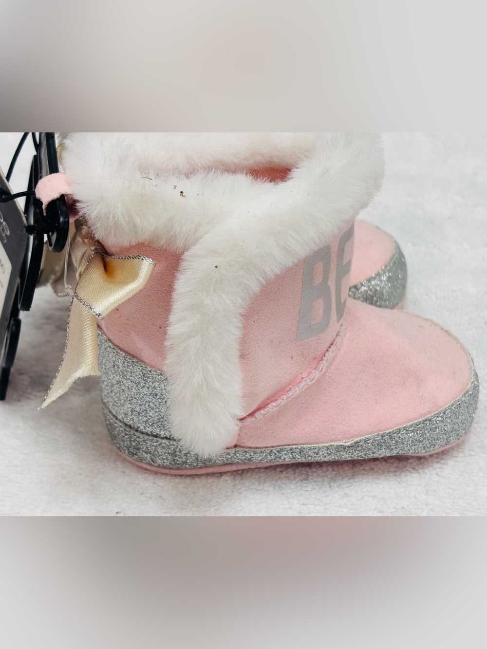 Brand New Bebe Baby Boots size 1 Months Faux Fur Pink Silver Glitter - Box 19